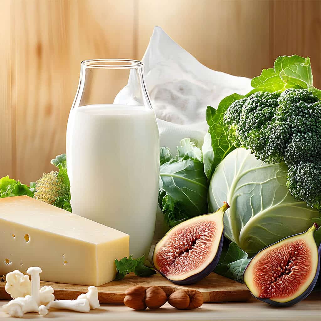 Calciobase, alimenti ricchi di calcio come formaggi, verdure a foglia verde e frutta secca