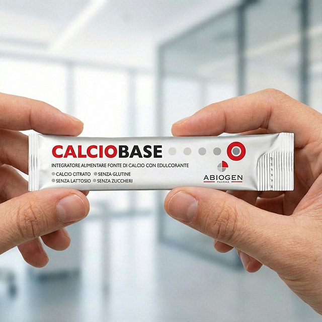 Stick del prodotto Calciobase tenuto da due mani, sullo sfondo un ufficio